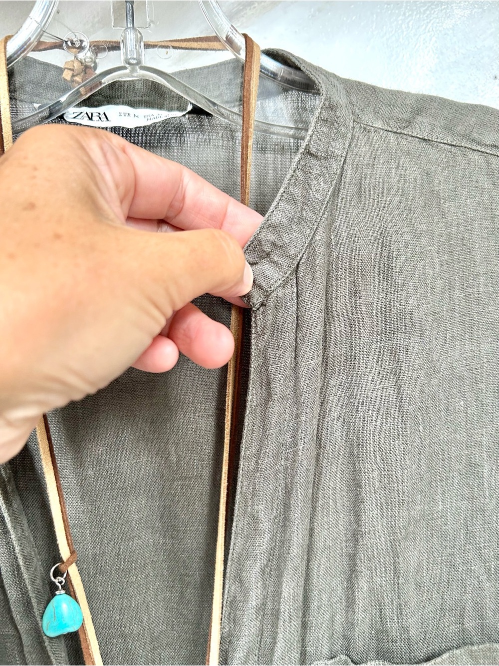Zara Linen Olive Green Lightweight boho shirt w resort vacay beach country vibe - Picture 11 of 15